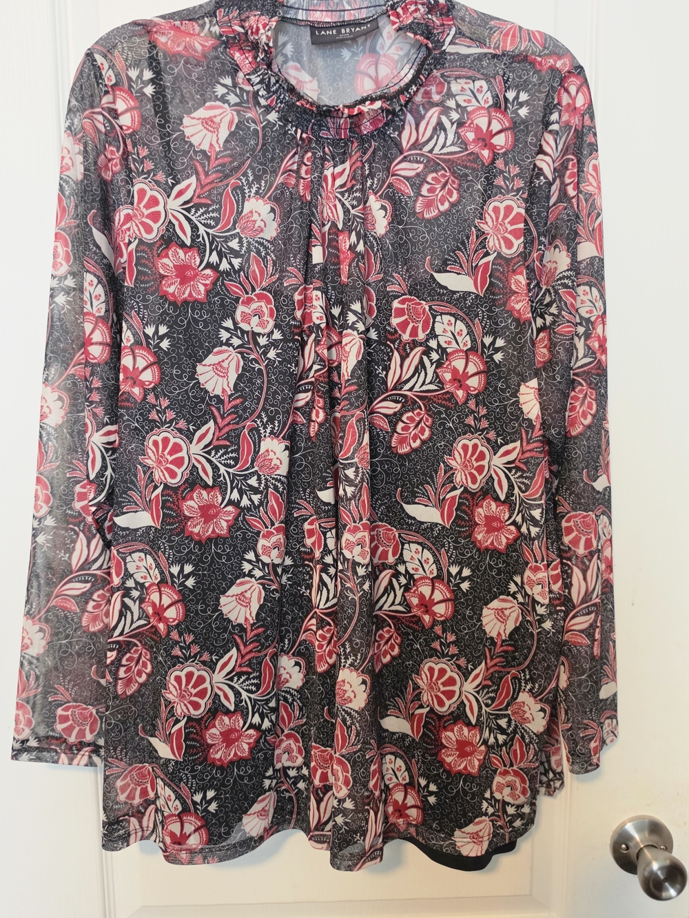 Lane Bryant Floral Tie-Neck Blouse in Black and Pink